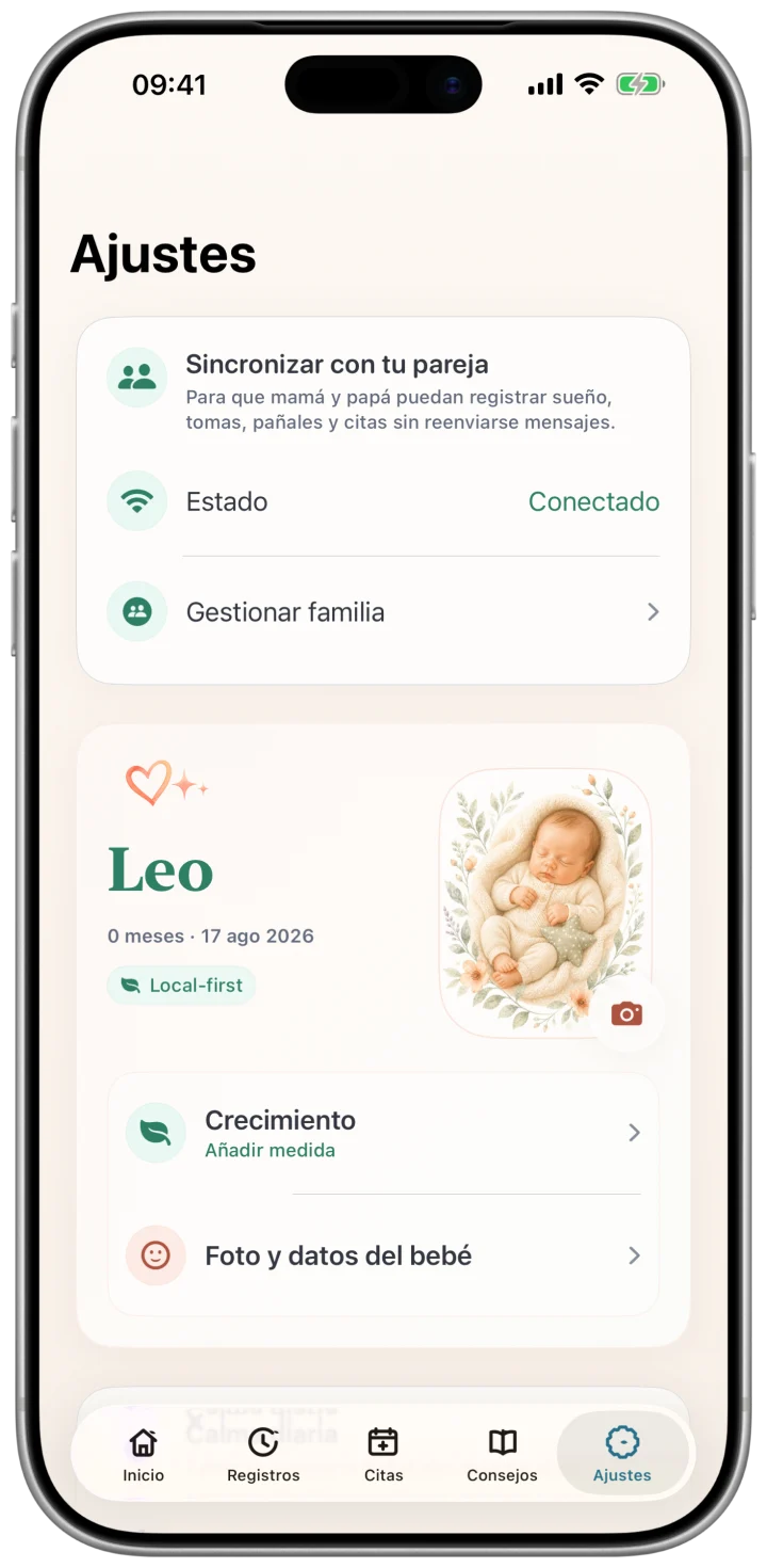 Family Sync en BabyCalm: círculo familiar y opciones para compartir el cuidado.