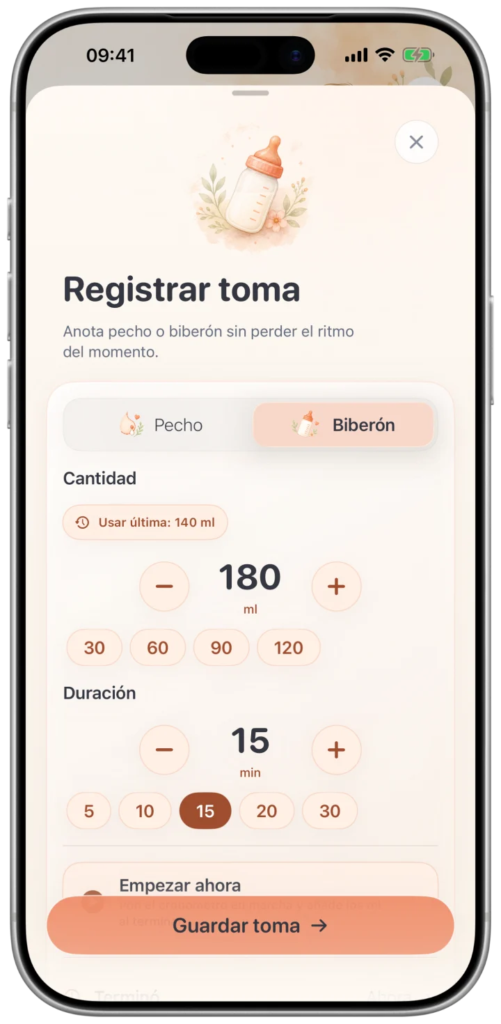 Registro de alimentación en BabyCalm con cantidad y duración de la toma.