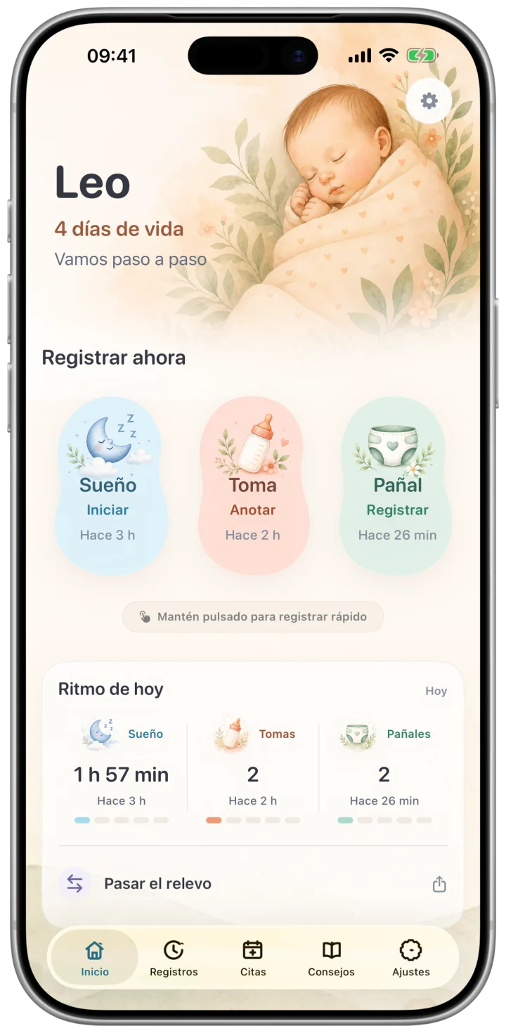 Pantalla de inicio de BabyCalm: últimos registros y botones para añadir sueño, alimentación y pañales.
