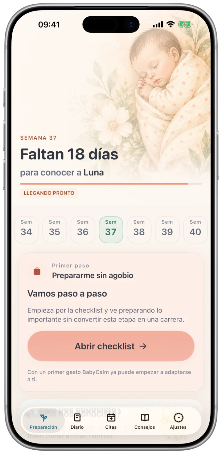 Modo embarazo de BabyCalm con semana de gestación y preparativos.