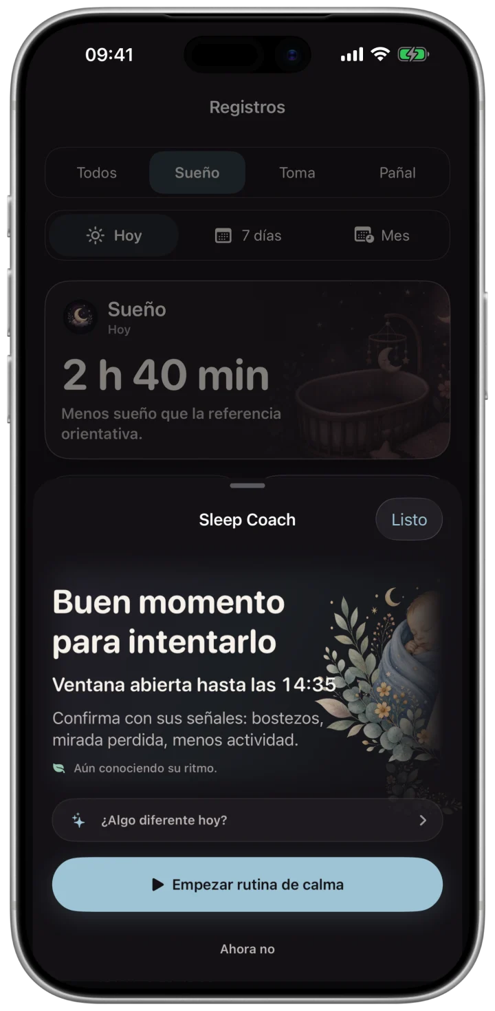 Sleep Coach en modo oscuro con orientación sobre la próxima ventana de sueño.